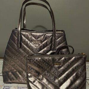 NWT GUESS Shimmering Silver Tote and Pouch Set